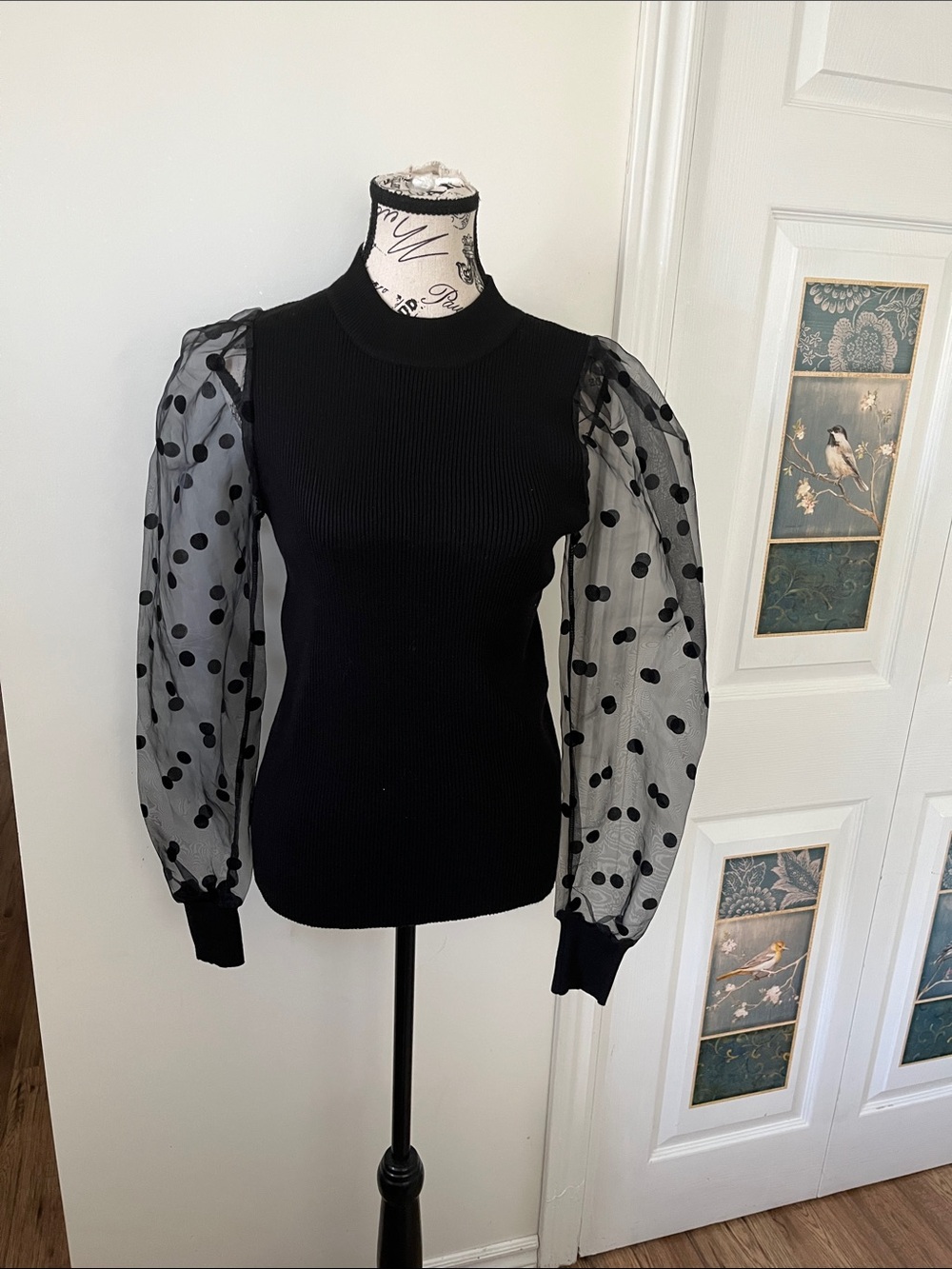QED London Black Rib Knit Top with Sheer Polka Dot Puff Sleeves
